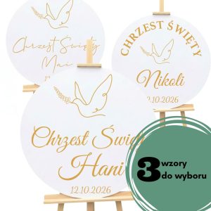 Okrągła tablica na Chrzest wzór gołąbek